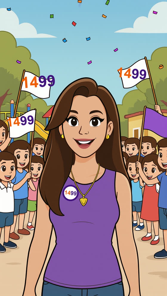 Ilustração em estilo cartoon de Kel Guimarães em uma praça, com pessoas erguendo bandeiras com o número 1499
