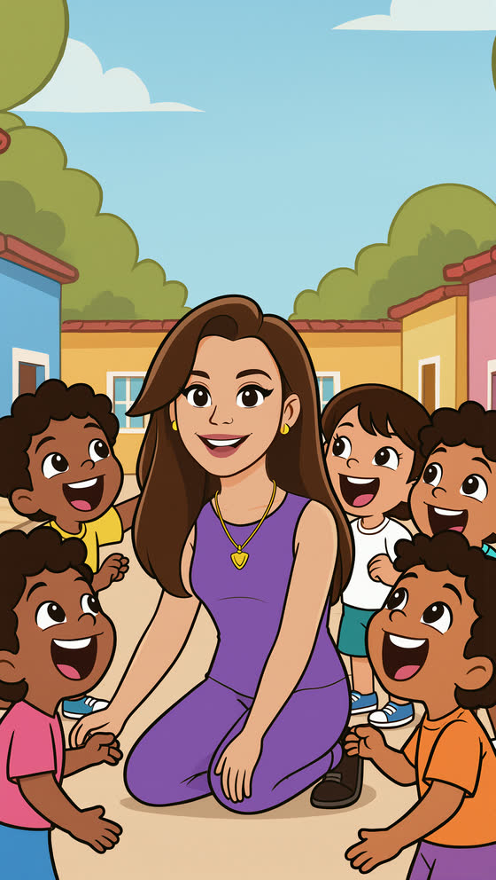 Ilustração em estilo cartoon de Kel Guimarães agachada no pátio de uma escola, cercada por crianças sorrindo